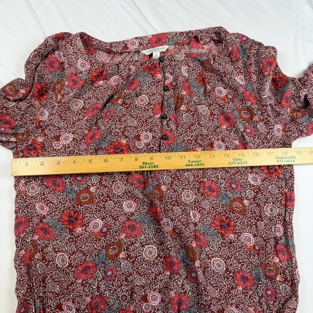 Lucky Brand Women Burgundy Red Floral Henley Peasant Blouse Long Sleeve Small - Picture 7 of 8